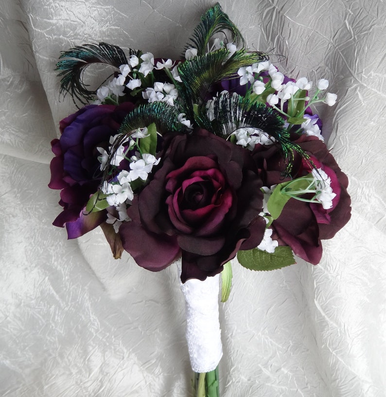 Purple bridal bouquet with peacock accent eggplant and Etsy