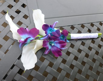 Calla lily galaxy orchid bridesmaids bouquet, toss bouquet real touch calla lilies, artificial bouquet