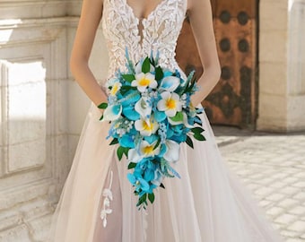 Turquoise Beach Bouquet Destination Wedding Tropical Flowers Cascading Design Bridal Arrangement Elegant Teardrop Calla Lily White Plumeria