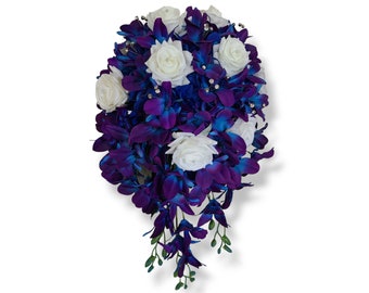 Galaxy orchid cascading bridal bouquet, purple blue orchids, artificial flowers