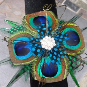 Peacock wrist corsage, pearl wrist corsage, wristlet, bracelet, peacock wristlet, Customizable