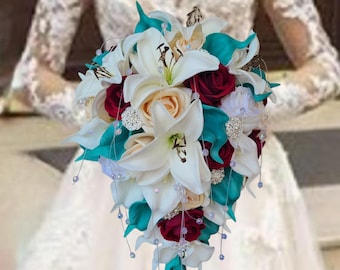 Cascading Bridal Bouquet Burgundy Teal Wedding Flowers Artificial Arrangement Elegant Design Crystal Accents Romantic Champagne Roses Calla