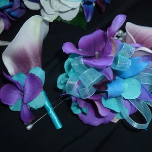 Cosage and boutonniere set, real touch rose, calla lily, orchid, calla boutonniere, pearl corsage