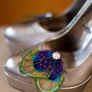 Peacock Feather Shoe Clips Bridal Accessory Wedding Footwear Crystal Embellishment Bohemian Style Elegant Adornment Purple Decoration Wedding Day Essential Customizable Color Option Special Occasion Footwear Unique Bride Accessories Formal