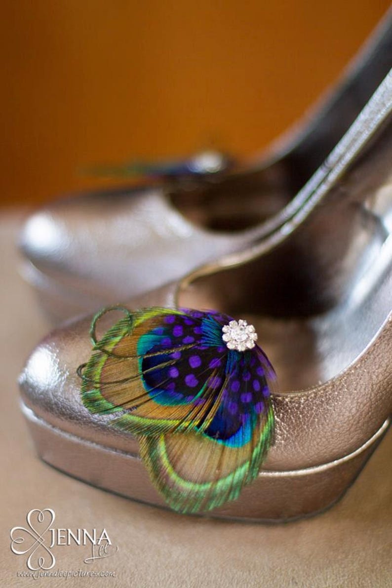 Peacock Feather Shoe Clips Bridal Accessory Wedding Footwear Crystal Embellishment Bohemian Style Elegant Adornment Purple Decoration Wedding Day Essential Customizable Color Option Special Occasion Footwear Unique Bride Accessories Formal