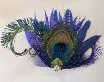 Peacock rhinestone feather hair piece