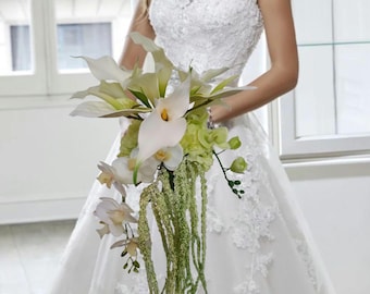 Modern Lily Bridal Bouquet, Amaranthus, Anthurium and Orchid Cascade,  minimalist bride, horseshoe lotus flower