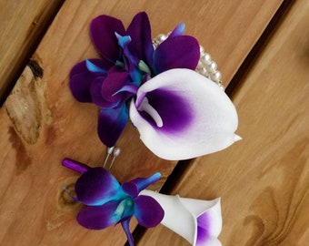 Wrist corsage and boutonniere set, real touch picasso calla lily, galaxy orchid, calla boutonniere, pearl corsage,  purple, blue