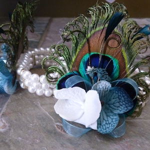 Peacock pearl wrist corsage