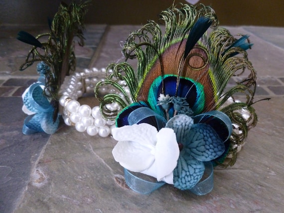 Peacock pearl wrist corsage