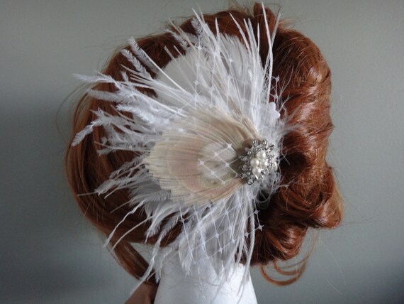 Bridal Ivory White Feather Hair Piece Champagne Peacock Etsy