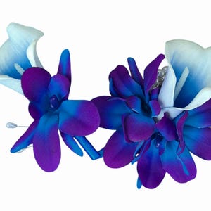 Corsage and boutonniere set, Purple, blue picasso calla, galaxy orchid, calla boutonniere, pearl corsage, picasso calla, purple, blue