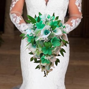 Beach wedding, cascading bridal bouquet, calla lily, green orchids, plumerias, exotic bouquet, frangipani bouquet, green bouquet