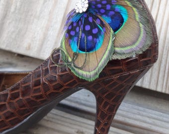 Peacock Shoe Clip Feather Bridal Accessory Wedding Footwear Crystal Embellishment Bohemian Style Elegant Adornment Purple Decoration