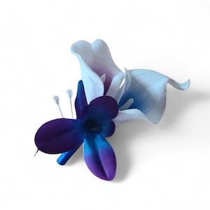 Calla lily, galaxy orchid boutonniere, corsage, real touch calla lilies