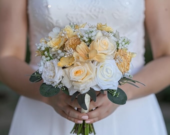 Yellow Bridal Bouquet Silk Flower Wedding Arrangement Faux Roses Buttery Yellow Ivory Elegant Design Romantic Ceremony Floral Decoration