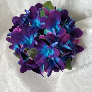 Galaxy orchid, purpl blue, turquoise bridesmaids bouquet, small bridal bouquet, toss away bouquet