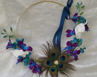 Bridesmaids, flowergirl peacock feather wreath, hoop with silk flowers