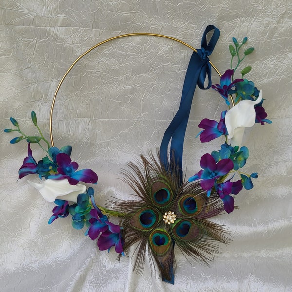 Bridesmaids, flowergirl peacock feather wreath, hoop with silk flowers