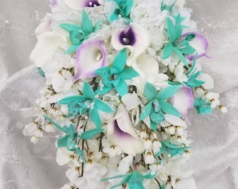 Calla lily orchid cascading bouquet, bright mint, lavender, purple bridal bouquet, bouquet with pearls