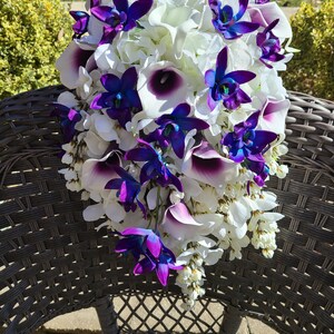 Cascading Purple blue dendrobium orchid bouquet, hydrangeas, wisterias, picasso calla lilies image 5