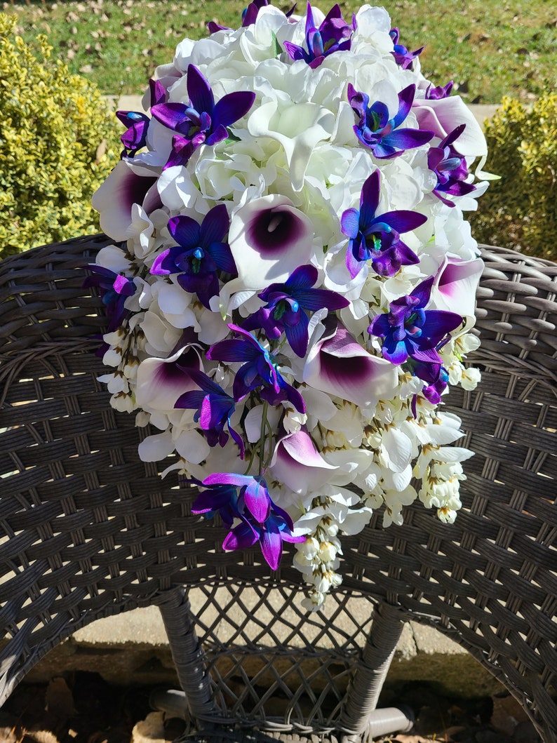 Cascading Purple blue dendrobium orchid bouquet, hydrangeas, wisterias, picasso calla lilies image 5