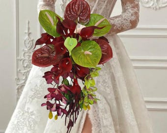 Burgundy Red Modern Bouquet, Calla Lily, Amaranthus, Anthurium and Orchid Cascade,  minimalist bride,