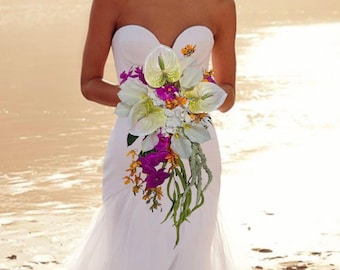 Tropical Bridal Bouquet Artificial Flowers Wedding Accessory Destination Tropical Orchid Amaranthus Cascading Arrangement Exotic Fuchsia