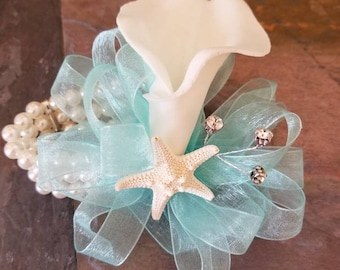 Calla lily wrist corsage, starfish pin on corsage, rhinestone, pearl wristlet