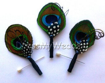 Peacock boutonniere, black and white accent feather, customizable.