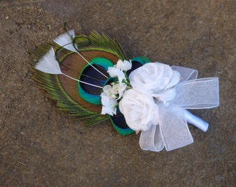 Peacock feather  boutonniere, corsage, customize to match your wedding colors