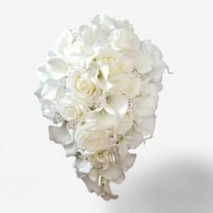 Ivory, cream cascading bridal bouquet, real touch calla lily, rose, orchid cascade bride bouquet with artificial flowers