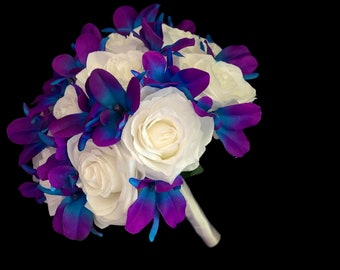 Ivory rose galaxy orchid bridal bouquet, silk rose, purple blue orchid, posy bouquet, island orchid, artificial flowers