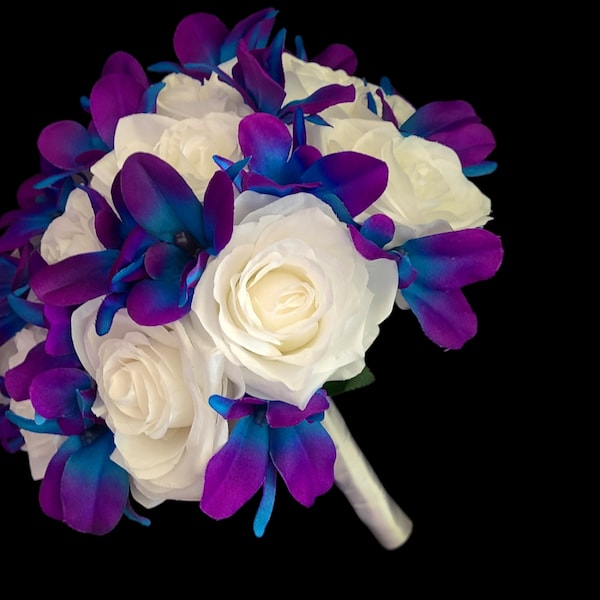 Bouquet de mariée orchidée galaxie rose ivoire, rose en soie, orchidée bleu violet, bouquet de tisane, orchidée de l'île, fleurs artificielles