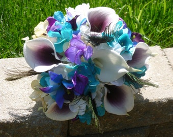 Purple turquoise picasso ivory hydrangea bridesmaids bouquet, toss bouquet, small bridal bouquet