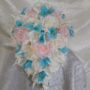 Ivory, pink, aqua blue cascading bridal bouquet, calla lily, rose, bridal bouquet with artificial flowers, silk flowers,real touch calla image 10