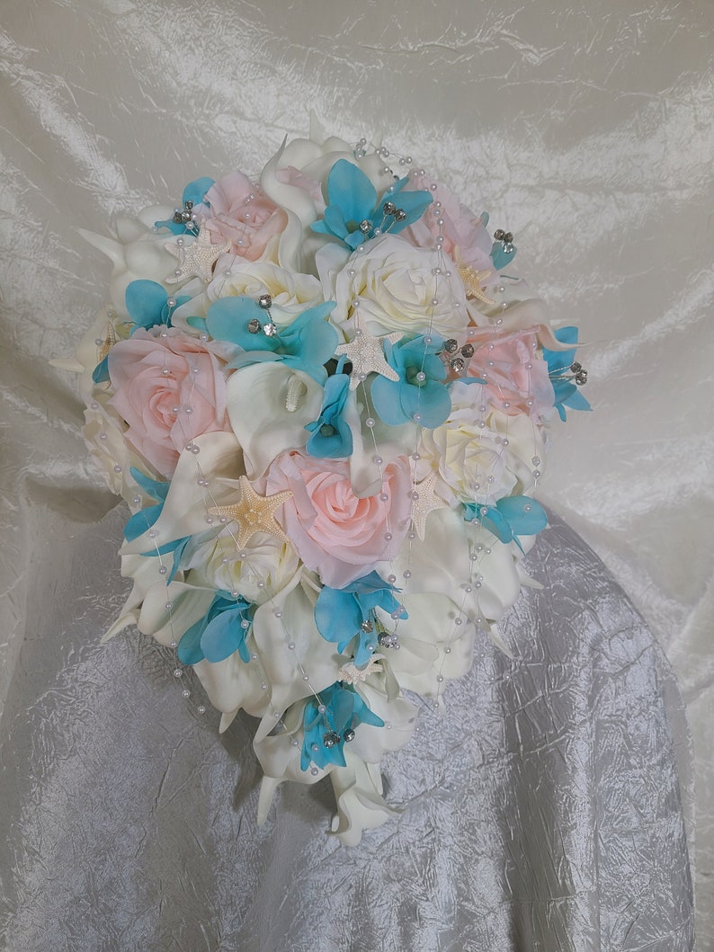 Ivory, pink, aqua blue cascading bridal bouquet, calla lily, rose, bridal bouquet with artificial flowers, silk flowers,real touch calla image 10