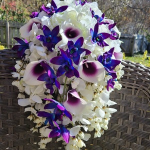 Cascading Purple blue dendrobium orchid bouquet, hydrangeas, wisterias, picasso calla lilies image 7