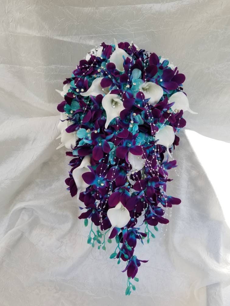 Blue and purple cascading bouquet with butterflies – The Bridal Flower –  silk and real touch wedding bouquets