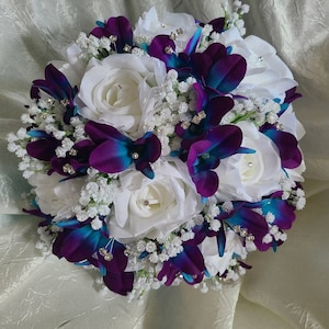 Rose, galaxy orchid bridal bouquet, artificial flowers, baby's breath