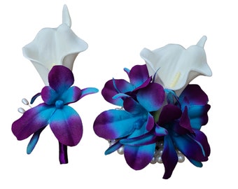 Wrist corsage and boutonniere set, real touch picasso calla lily, galaxy orchid, calla boutonniere, pearl corsage,  purple, blue