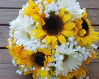 Sunflower, gerbera daisy baby's breath artificial flower bouquet, autumn bouquet, bridal bouquet, rustic country wedding