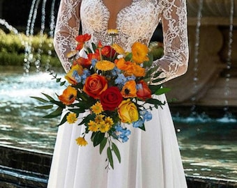 Bridal bouquet, orange yellow bouquet, vivid rose bouquet, jewel tone bouquet, summer bouquet, bright wildflower, summer wedding