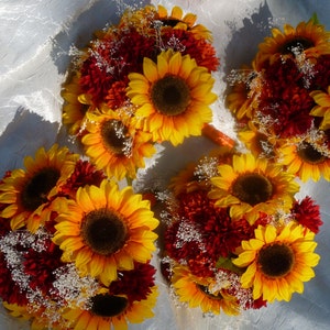 Sunflower, garden mum, bridal bouquet, orange, yellow, red, fall bouquet, rustic country wedding, baby's breath