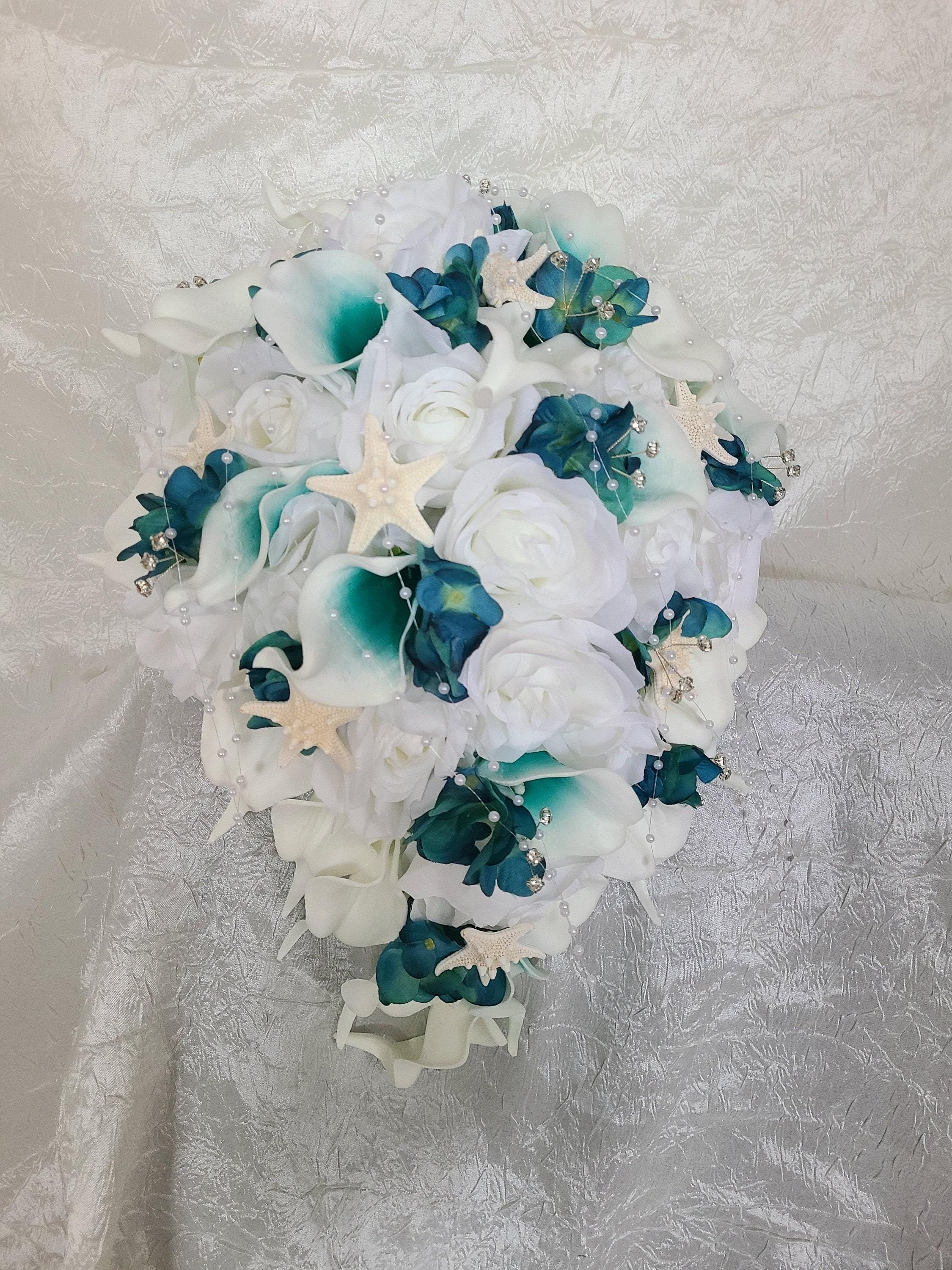 WIND AND SEA WDS×Stackto Buquet Lio Beach Wedding Bouquet Teal White Calla Lily Cascade Starfish