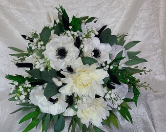 White, black bridal bouquet, anemone, rose, peony, eucalyptus, Italian ruscus, baby's breath