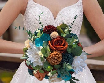 Autumn wedding bouquet, Fall bridal ceremony flowers,  terracotta, cream, teal bride bouquet, burnt orange, blue, artificial  faux