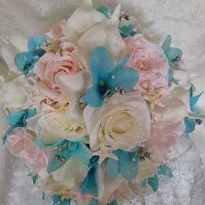 Ivory, pink, aqua blue cascading bridal bouquet, calla lily, rose, bridal bouquet with artificial flowers, silk flowers,real touch calla image 2