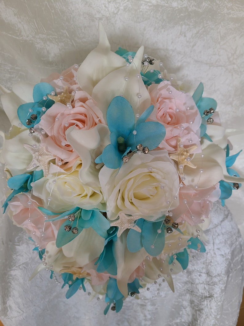 Ivory, pink, aqua blue cascading bridal bouquet, calla lily, rose, bridal bouquet with artificial flowers, silk flowers,real touch calla image 2
