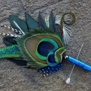 Peacock boutonniere, button hole, peacock feather, wedding, customize ribbon color to match your wedding colors image 2